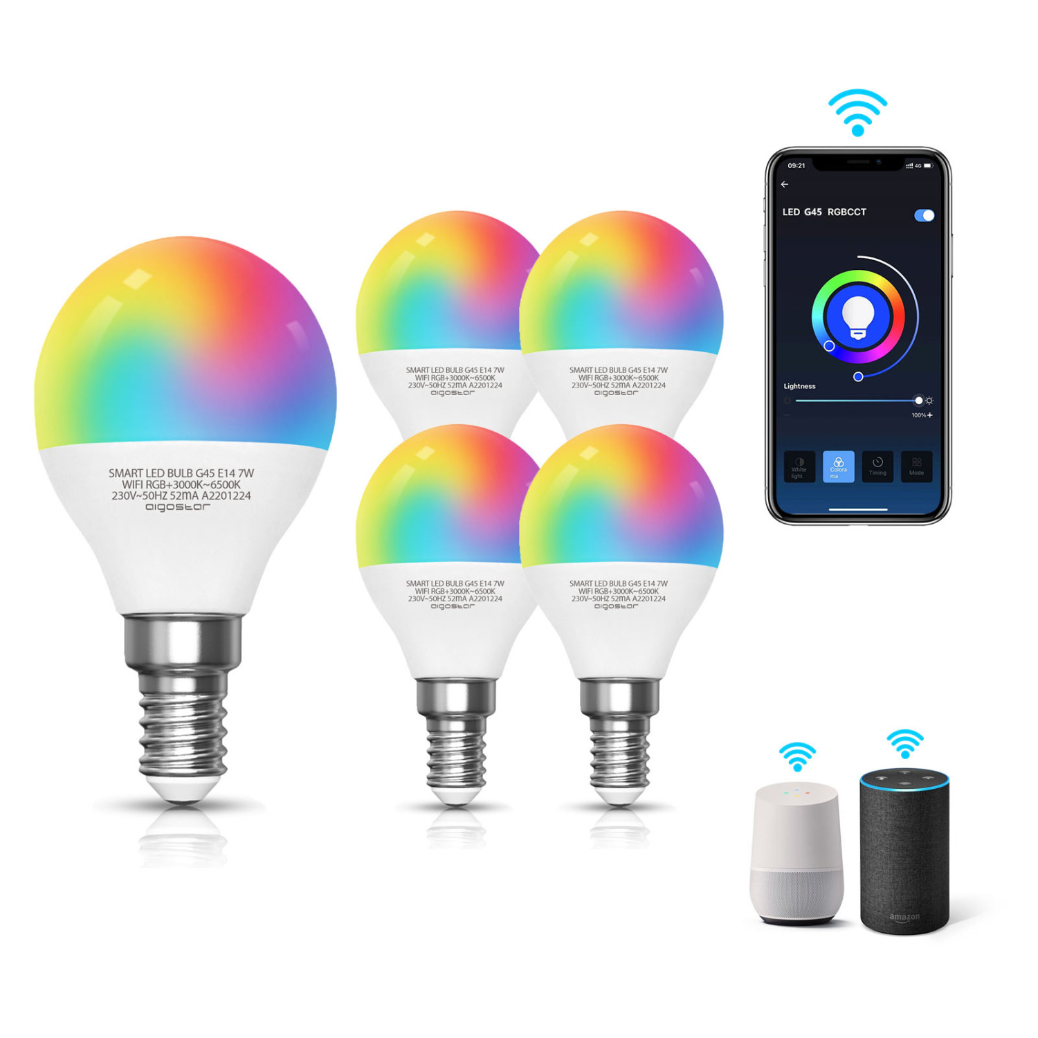 Aigostar - lampadina led smart G45 E14 attacco piccolo 7W, Funziona con Alexa e Google Home. Dimmerabile bianca 3000k - 6500k o RGB multicolore [Classe energetica A +]