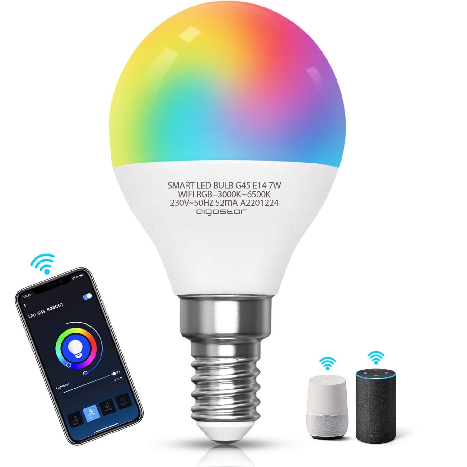 Aigostar - lampadina led smart G45 E14 attacco piccolo 7W, Funziona con Alexa e Google Home. Dimmerabile bianca 3000k - 6500k o RGB multicolore [Classe energetica A +]