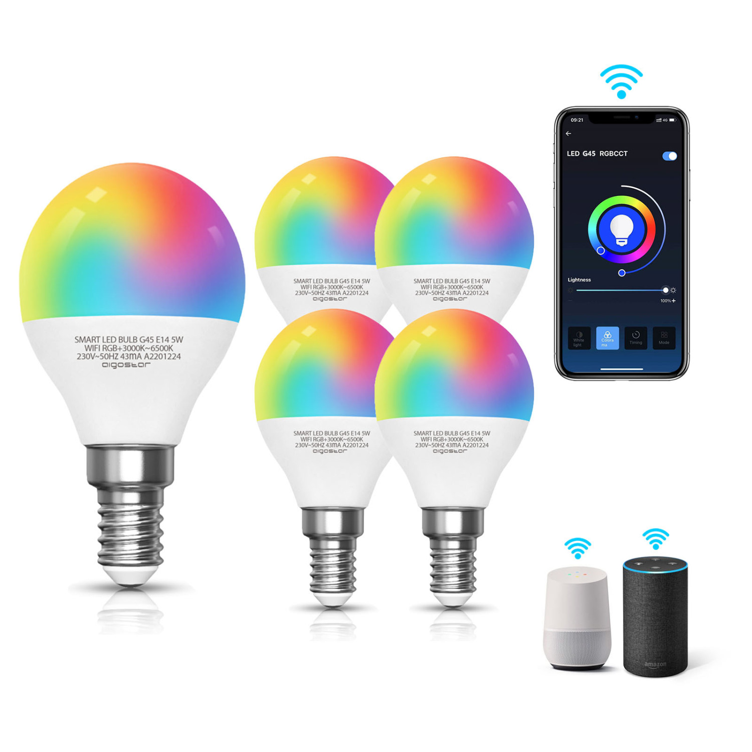 Aigostar - lampadina led smart G45 E14 attacco piccolo 5W, Funziona con Alexa e Google Home. Dimmerabile bianca 3000k - 6500k o RGB multicolore [Classe energetica A +]