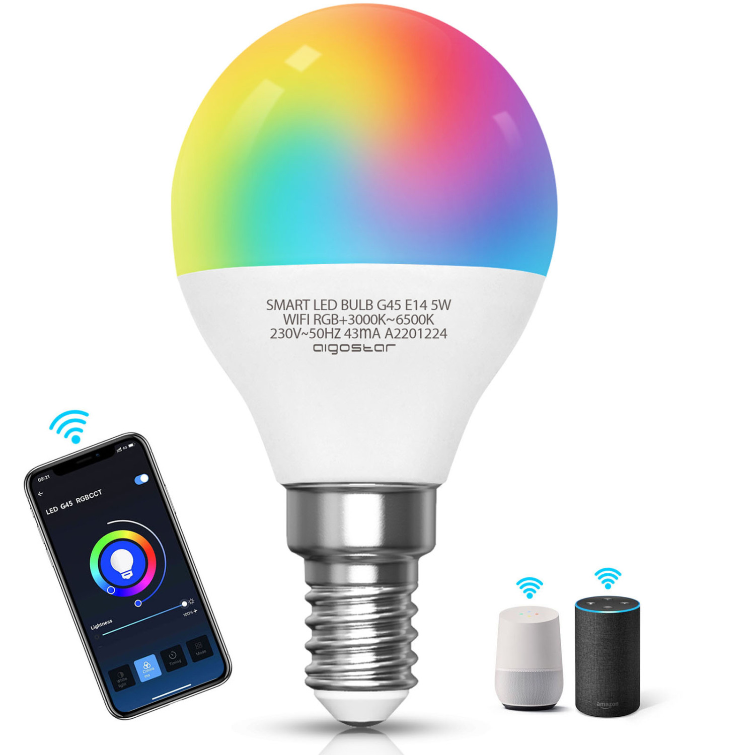 Aigostar Bombilla LED inteligente WiFi G45, 5W, E14 rosca delgada, RGB+CCT. Regulable multicolor + luz cálida o blanca 3000 a 6500K, 350lm. Compatible Alexa y Google Home [Clase energética A +]