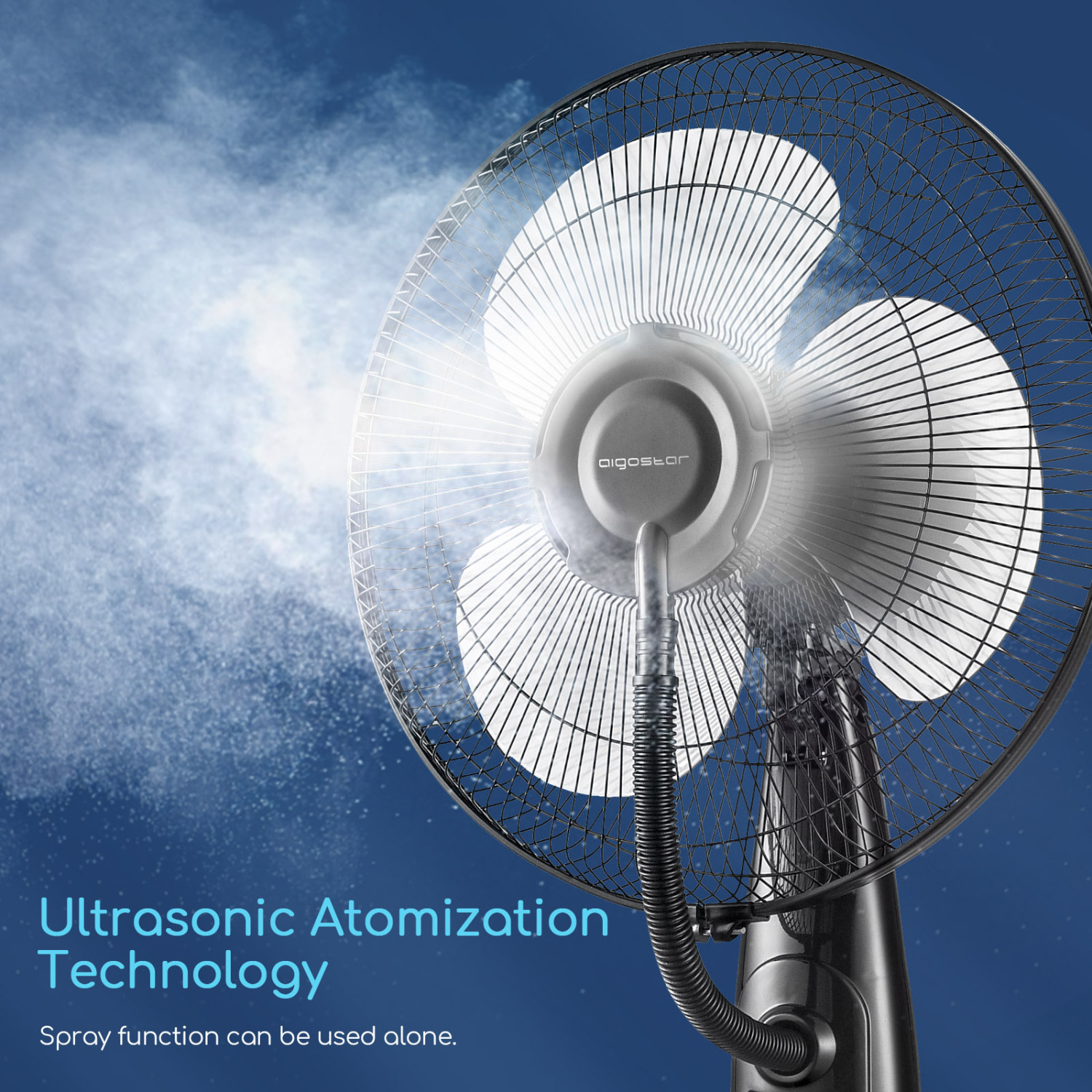 Aigostar Breeze ventilatore con nebulizzatore, ventilatore a piantana potente, 3 modalità 3 velocità, timer 7,5 h, telecomando, spruzzo, aspetto adorabile con un design esclusivo.