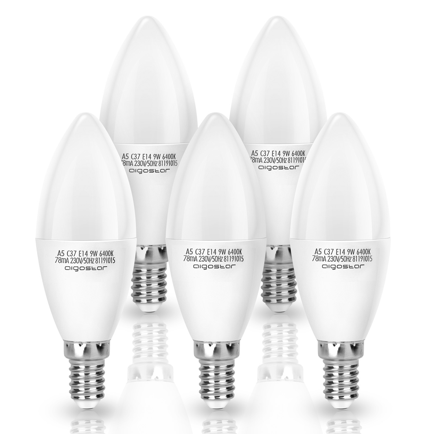 Aigostar E14 LED Lamp C37, 9W in plaats van 55W gloeilamp, LED Bulb koel wit 6400K, 720lm, stralingshoek 260°, AC 230V Geschikt Voor Zoals Kroonluchters, Wandlamp, Bureaulamp, 5 stuks