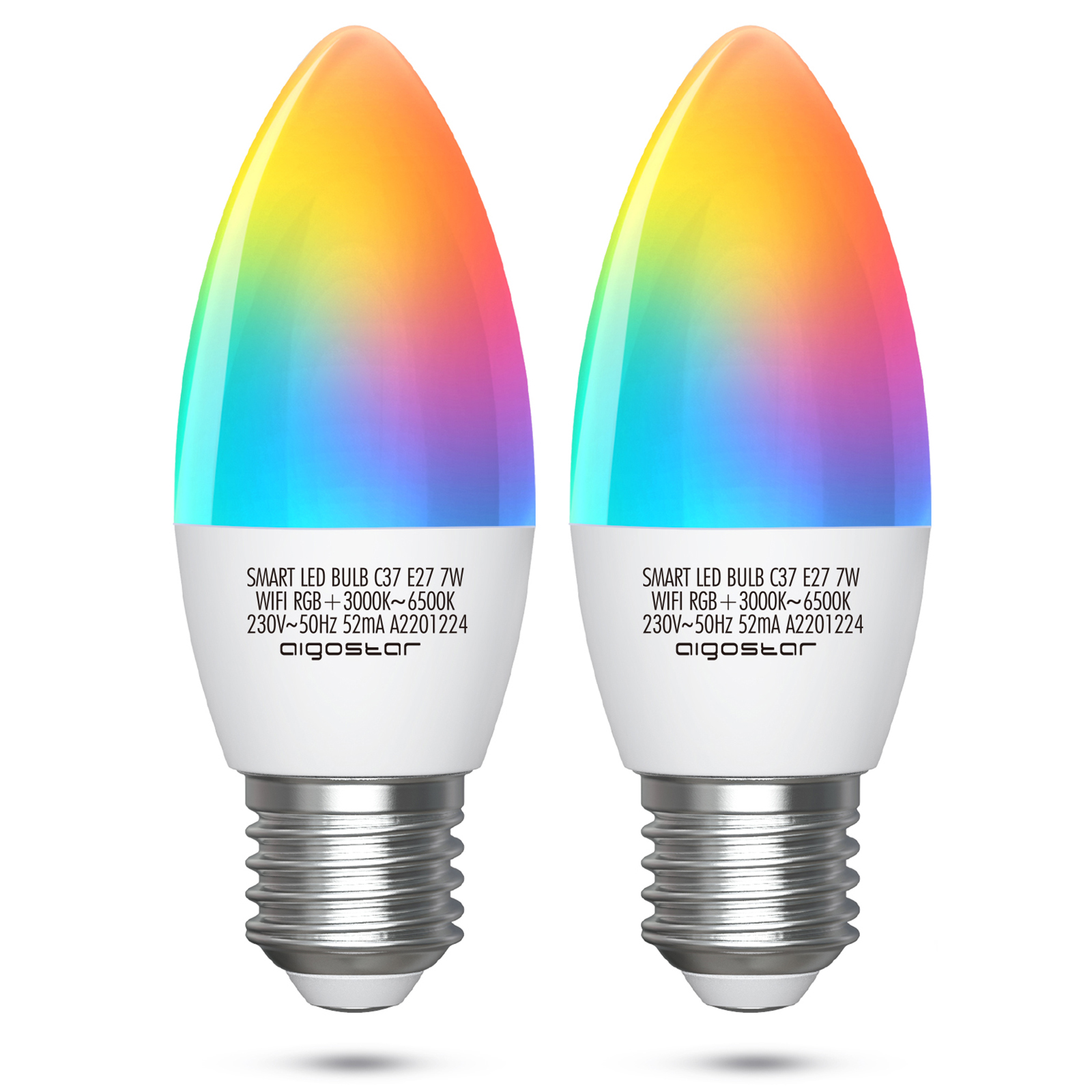 Aigostar Bombilla LED inteligente WiFi vela C37, 7W, E27 rosca gorda, RGB + CCT. Regulable multicolor + luz cálida o blanca 3000 a 6500K. Compatible Alexa y Google Home.Pack 2 uds