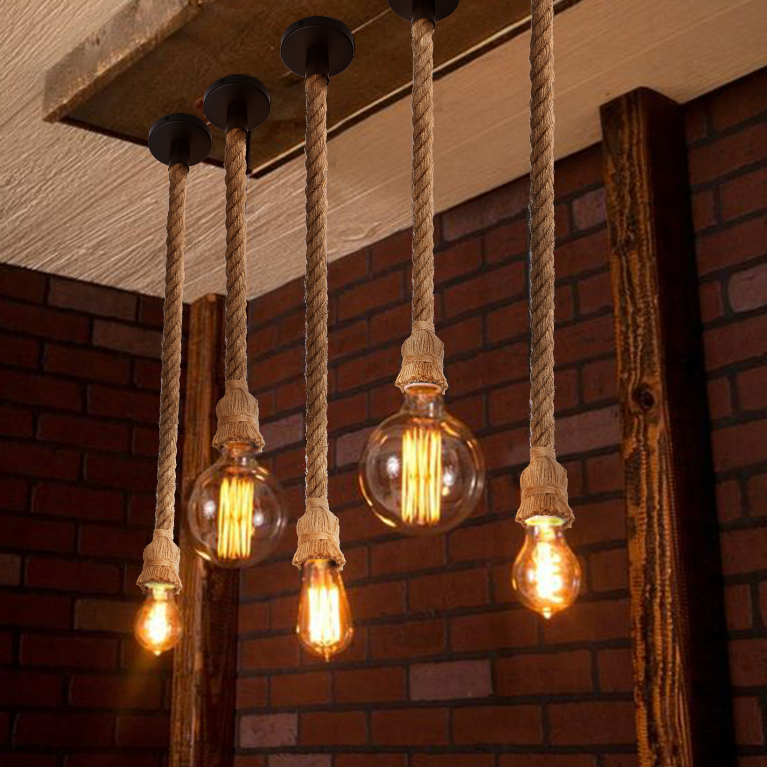 Aigostar E27 Lustre Vintage en Corde de Chanvre,Support de Lampe LED,Maximum Longueur 100CM Ajustable,Lampes ne Comprennent Pas Les Ampoules