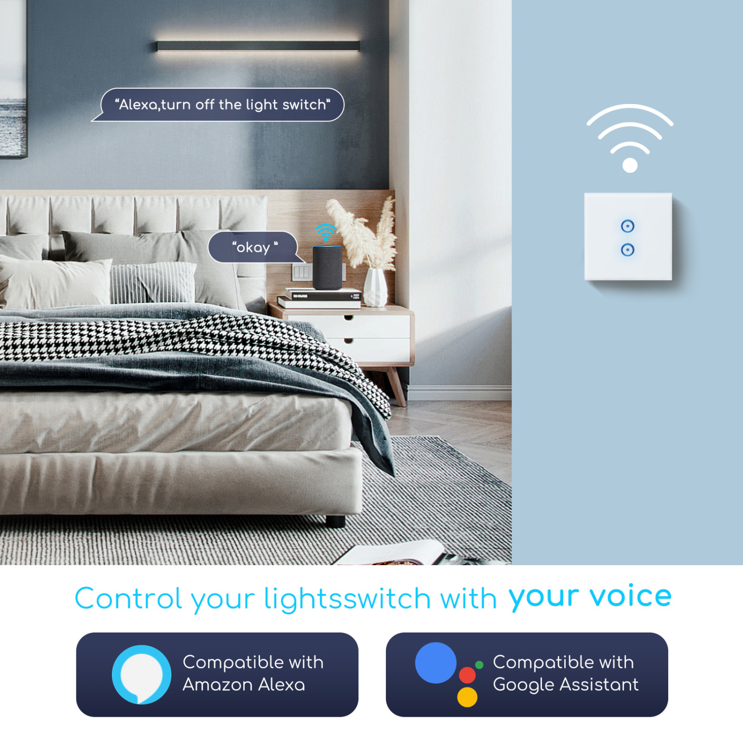 Aigostar WiFi Interruptor de Luz 2 Gang 1 Vía, Interruptor Inteligente Compatible con Alexa Google Home, 2 Pcs