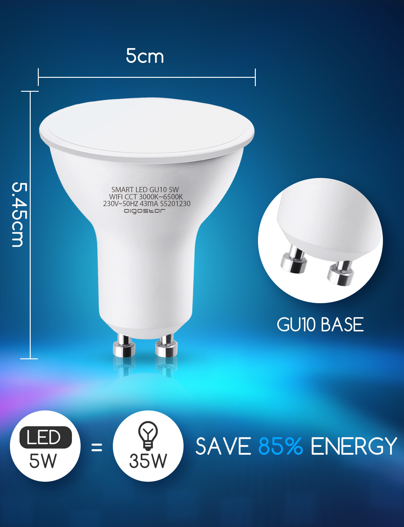 Aigostar Bombilla LED inteligente WiFi GU10, 5W. Regulables de luz cálida a blanca (3000 a 6500 K). Bombilla inteligente compatible con Alexa y Google Home. Equivalente a 35W incandescente.Pack 5 uds