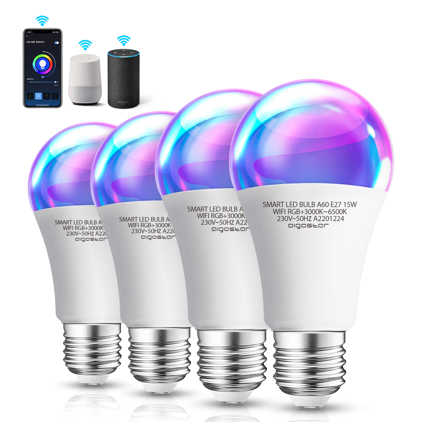 Aigostar 15W Bombilla LED inteligente WiFi A60, 1300LM, E27 casquillo gordo, RGB + CCT. Regulable multicolor+ luz cálida o blanca 3000 a 6500K, Compatible Alexa y Google Home, 4 Pack, energética A+