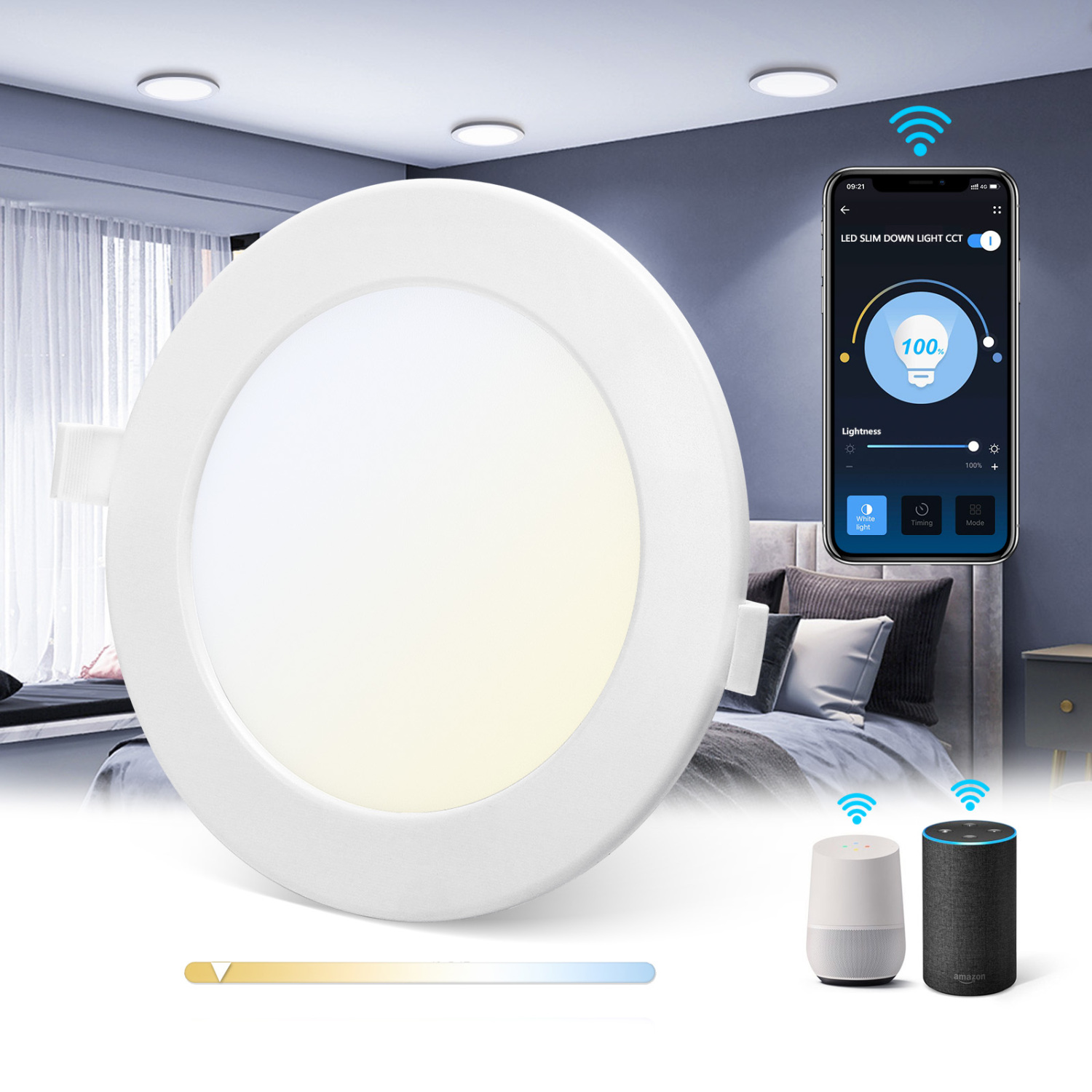 Aigostar Faretti LED da Incasso Intelligenti ultrasottili, 12W. Compatibile con Alexa e Google. Luce dimmerabile da 3000 - 6500K. Controllo Vocale, Controllo Wi-Fi Wireless. [Classe energetica A +]
