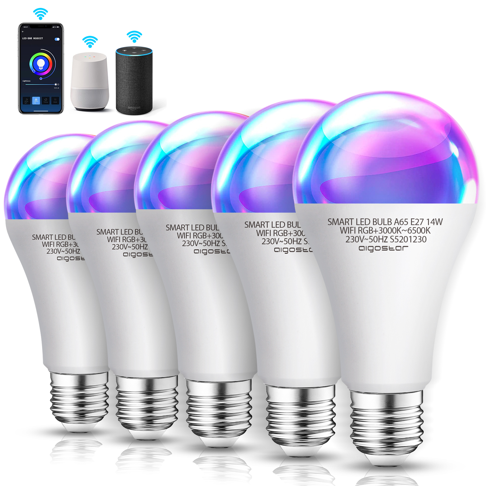 Aigostar 5 Pack Bombilla LED inteligente WiFi A65, 14W, 1400LM, E27 casquillo gordo, RGB + CCT. Regulable multicolor + luz cálida o blanca 3000 a 6500K, Compatible Alexa y Google Home, energética A+