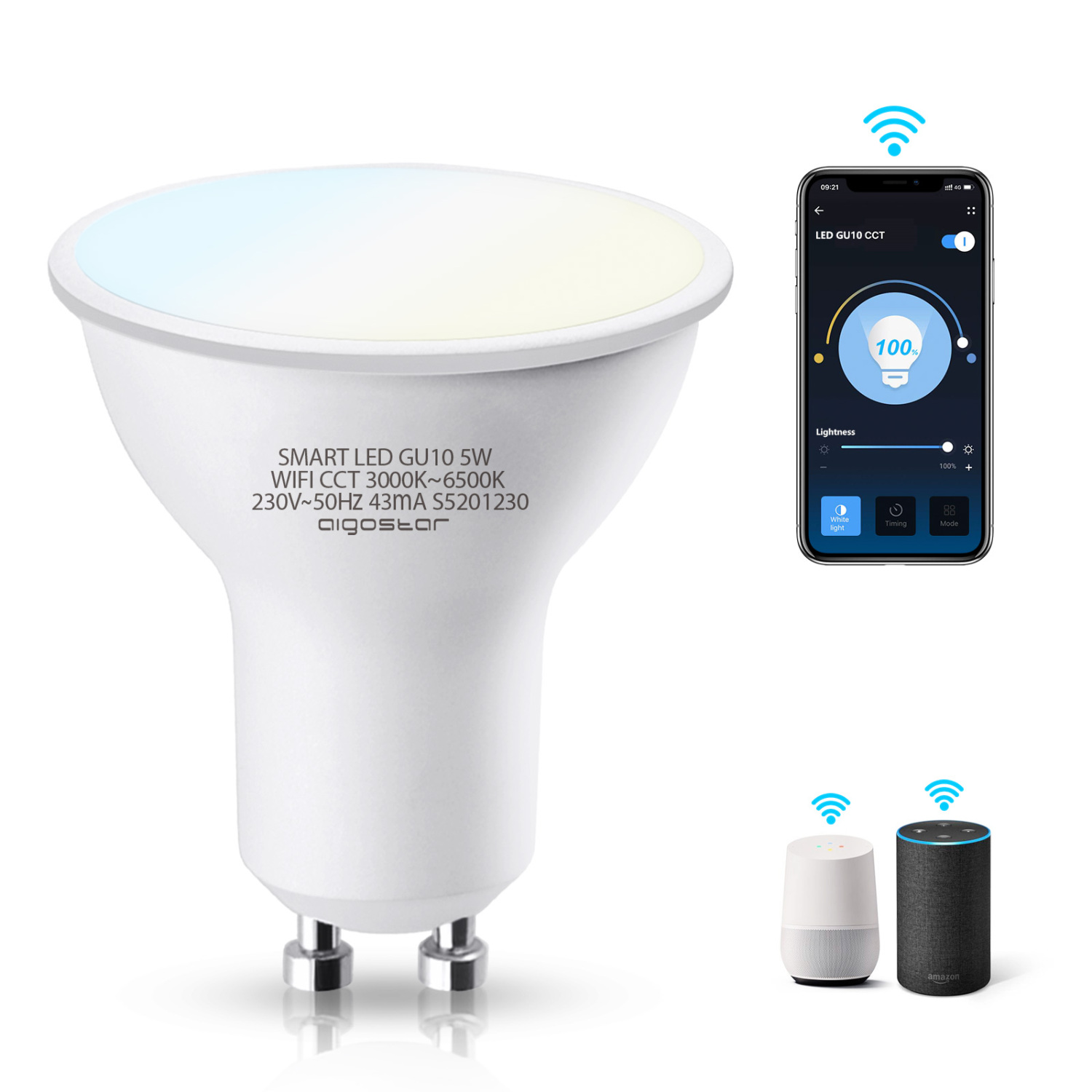 Aigostar Bombilla LED inteligente WiFi GU10, 5W. Regulables de luz cálida a blanca (3000 a 6500 K). Bombilla inteligente compatible con Alexa y Google Home. Equivalente a 35W incandescente