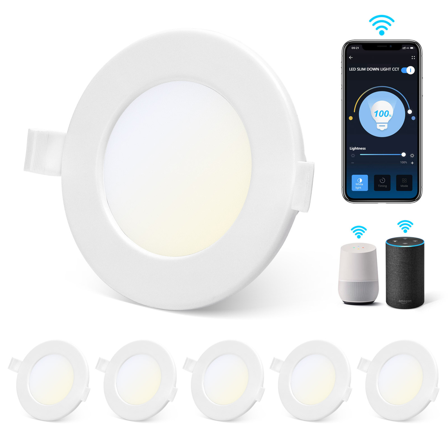 Aigostar Slim Downlight LED inteligente Wifi, 6W, CCT. Regulable de luz cálida a blanca 3000-6500K, 360lm. Compatible Alexa y Google Home. Foco empotrable: 11,5 x 3,2 cm alto. [Clase energética A +] Pack de 5 uds.