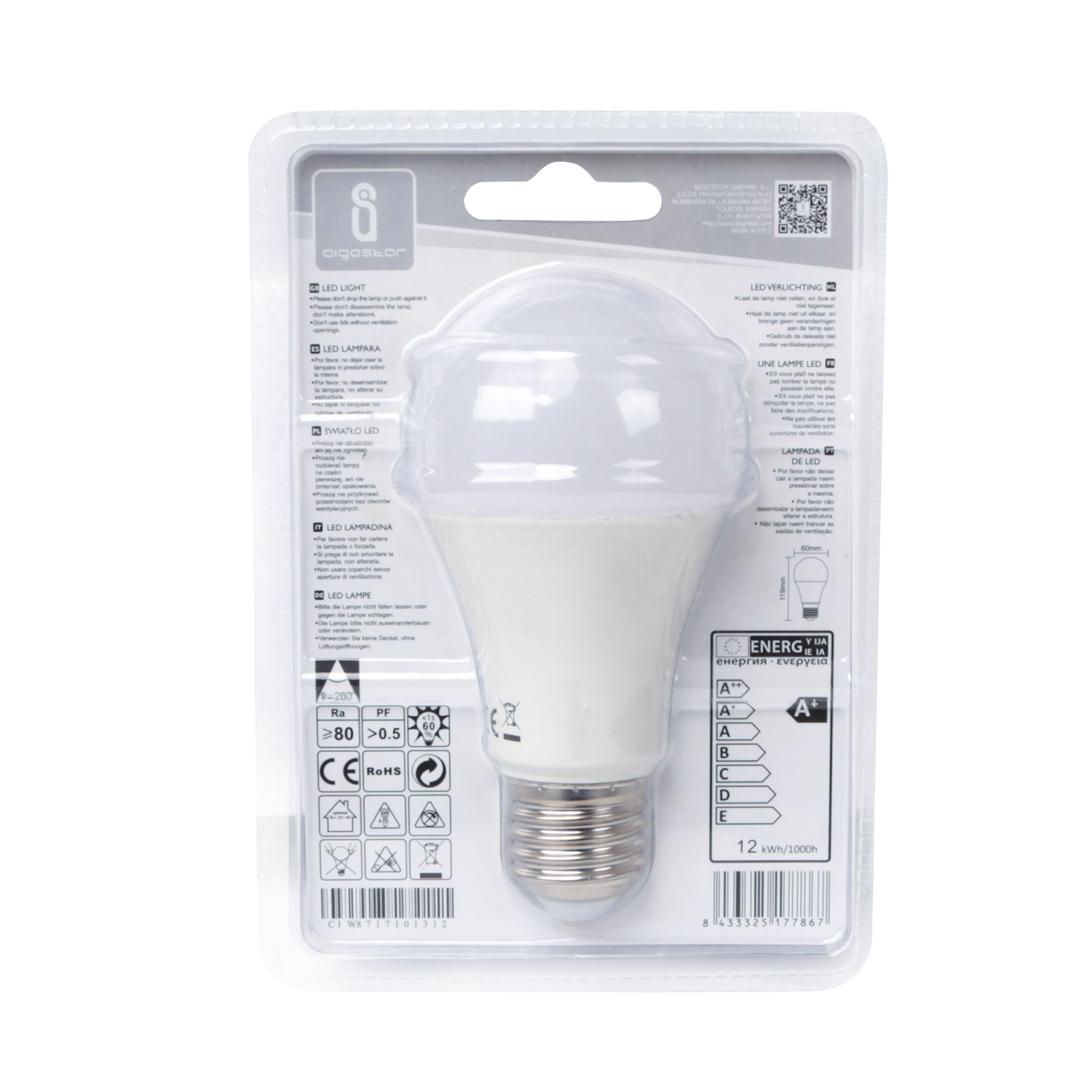 lED A60 E27 12W  Luz Fría  12W