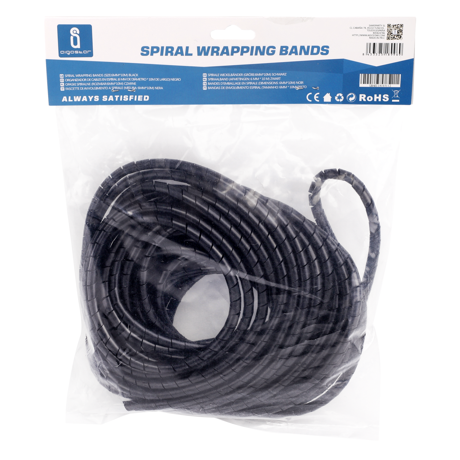 banda para enrollar cables en espiral 6 mm x 10 m, negro