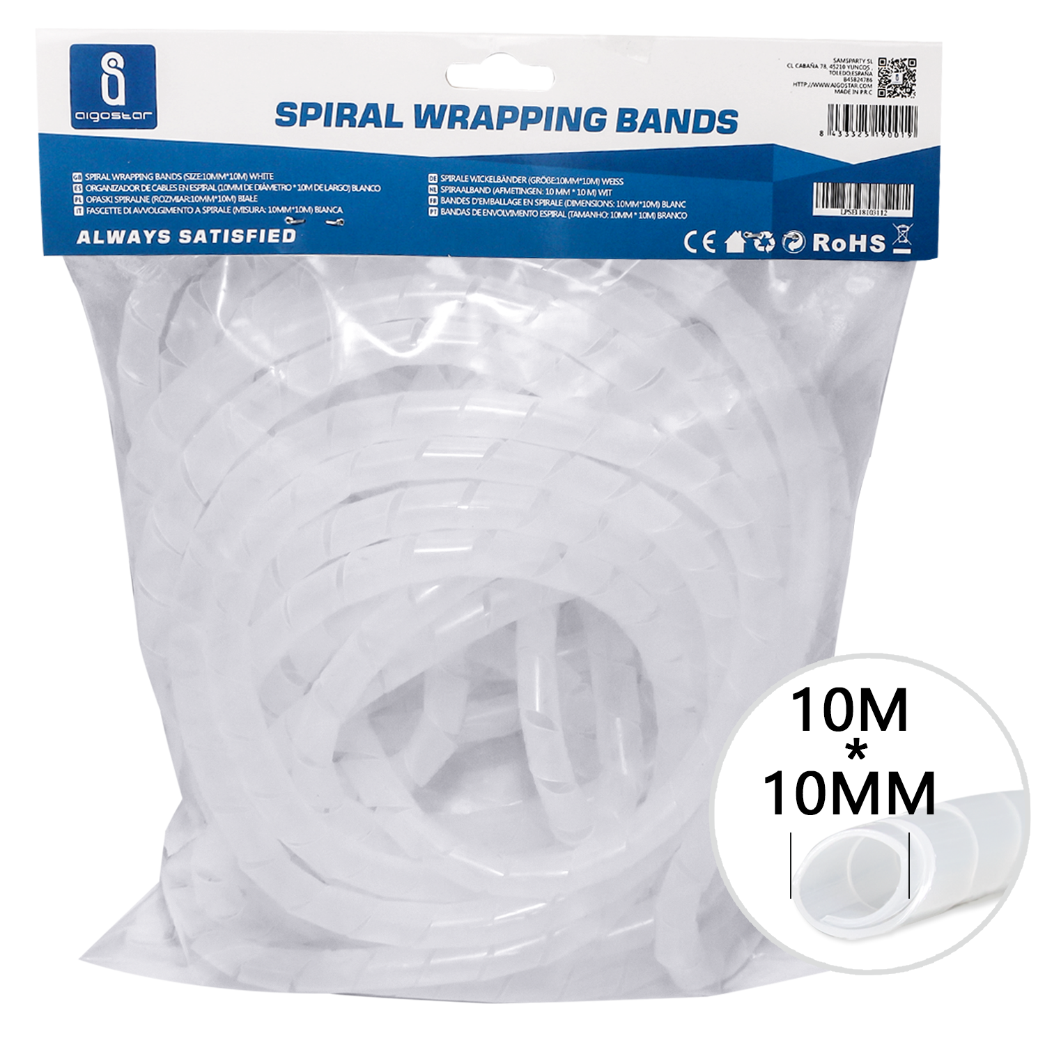 banda para enrollar cables en espiral 10 mm x 10 m, blanco