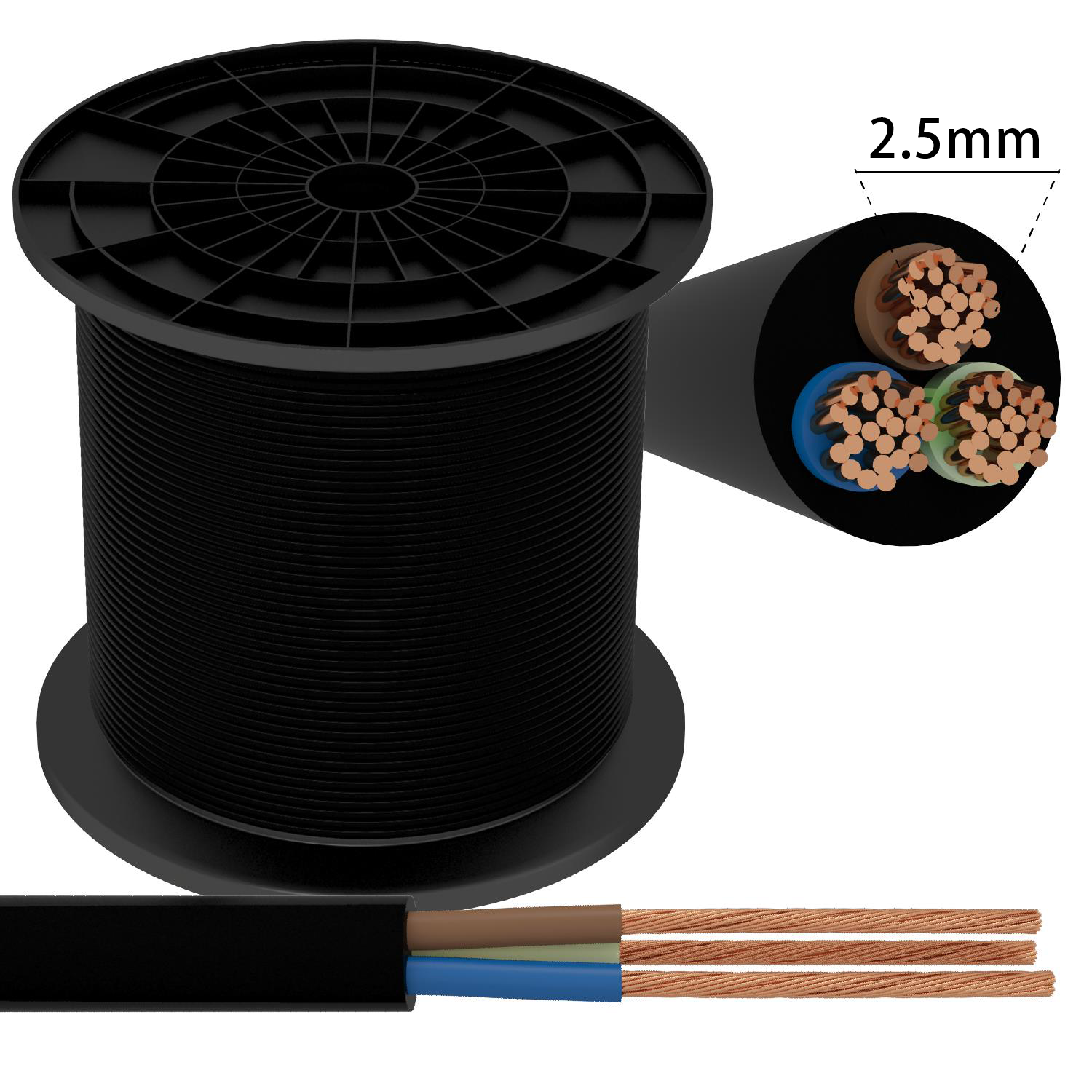 cable H05VV-F 3G, 2,5 mm?, 50 m, negro