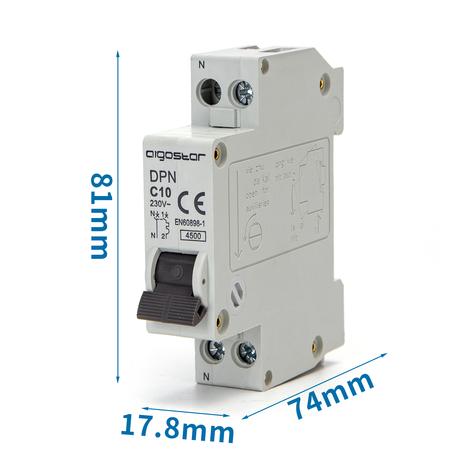 disyuntor automático en miniatura 1P+N, 10 A, CURVA C, gris