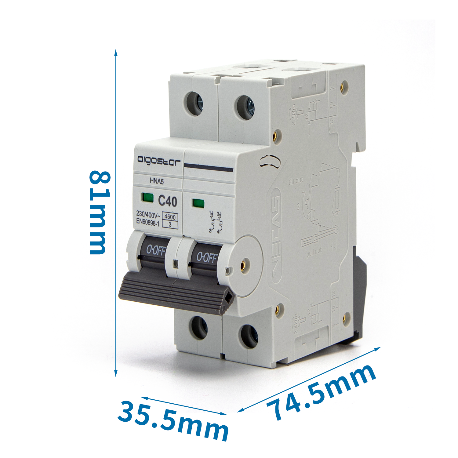 disyuntor automático en miniatura 2P, 40 A, CURVA C, gris
