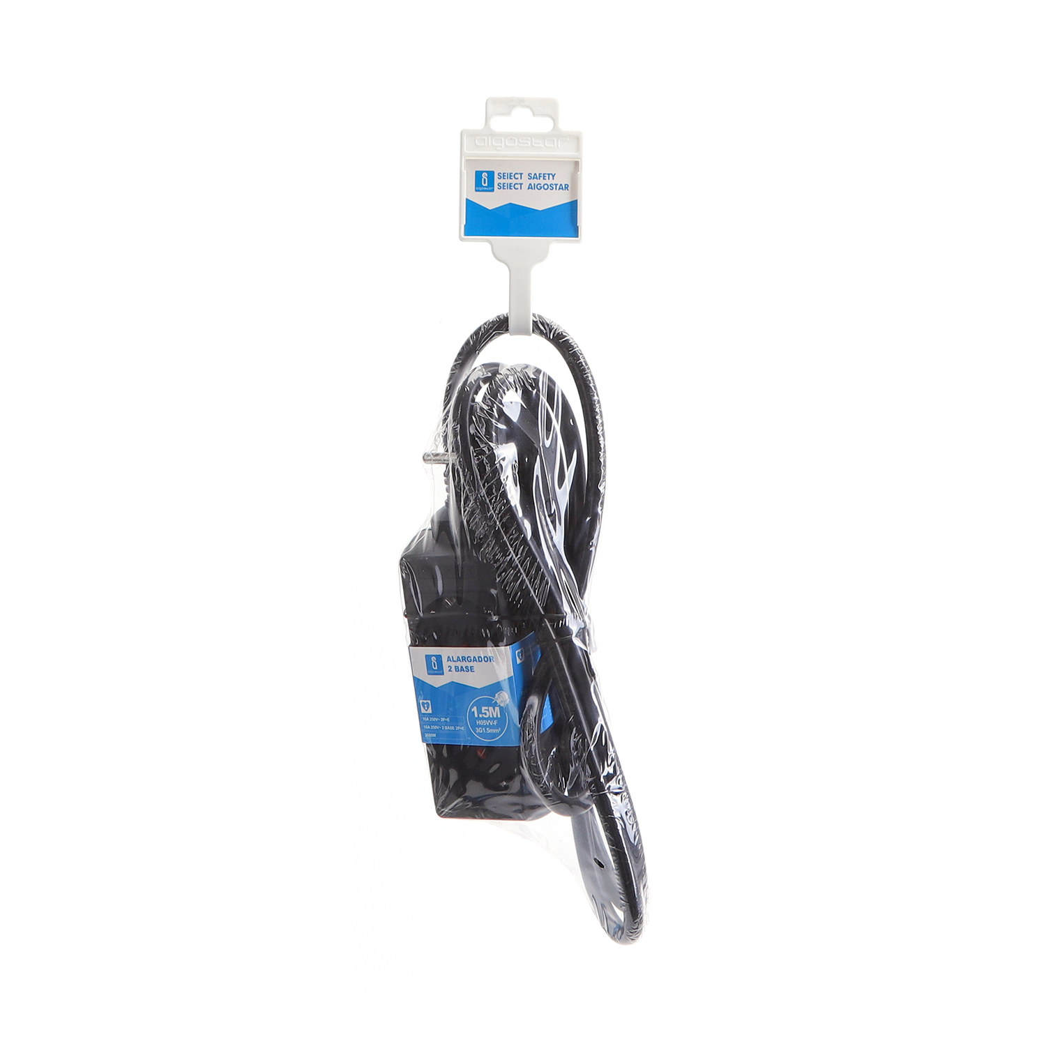 regleta alemana de 2 vías sin interruptor, 1,5 m, 3G, ø1,5 mm negra