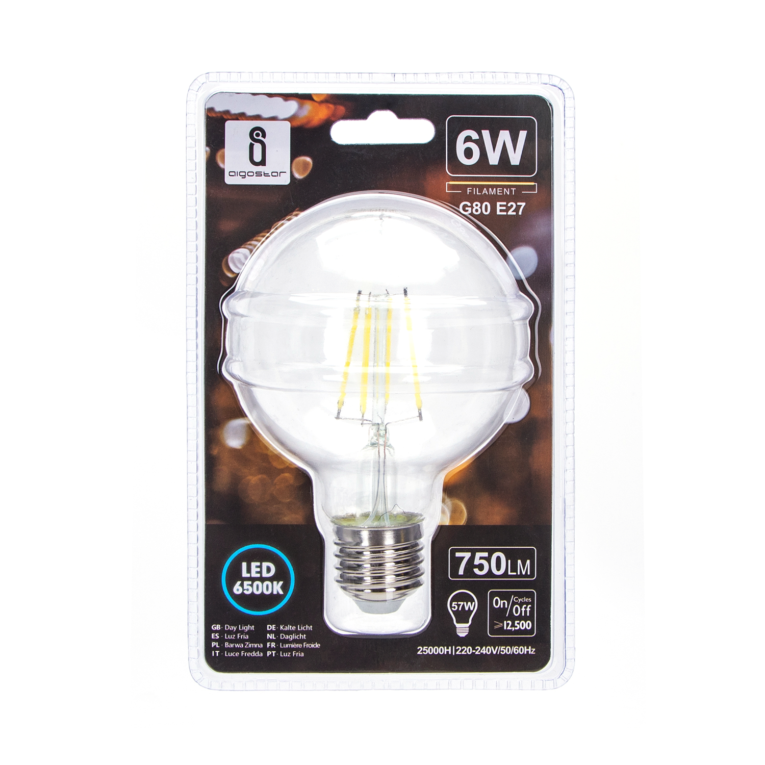 bombilla de filamento LED G80  Luz Fría  6W  E27