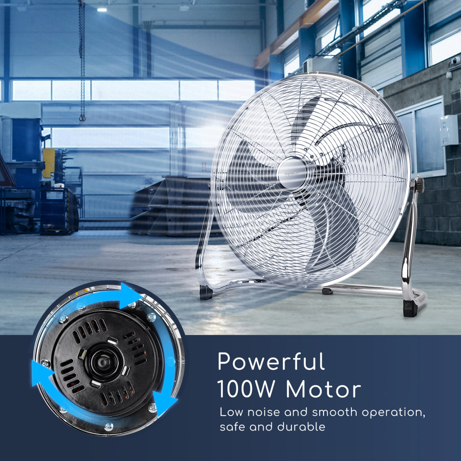 Aigostar Clover – Ventilateur de sol industriel, 110W. 3 pales, angle réglable à 360º, 3 vitesses. 45cm, poignée de transport, grille sécurisée. Métal chromé.