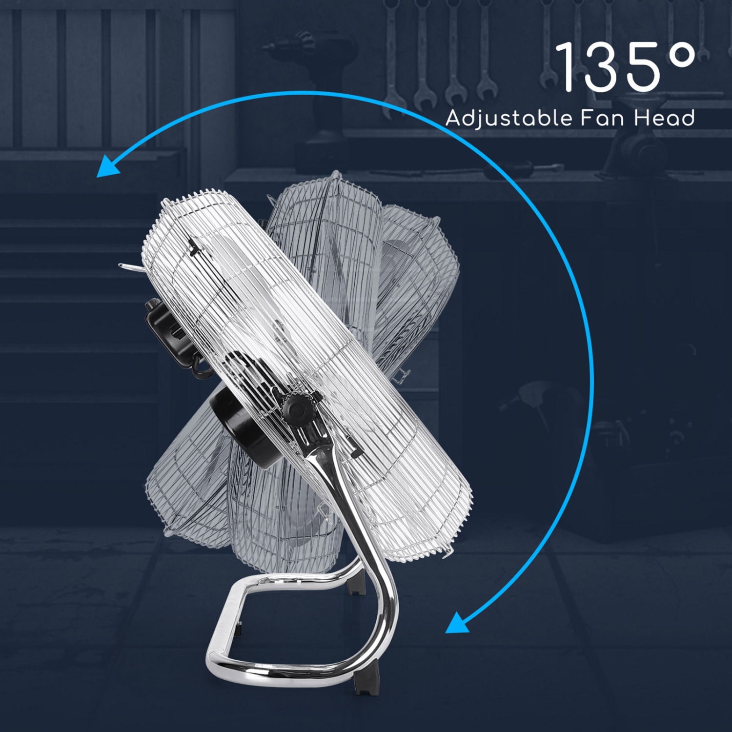 Aigostar Clover – Ventilateur de sol industriel, 110W. 3 pales, angle réglable à 360º, 3 vitesses. 45cm, poignée de transport, grille sécurisée. Métal chromé.