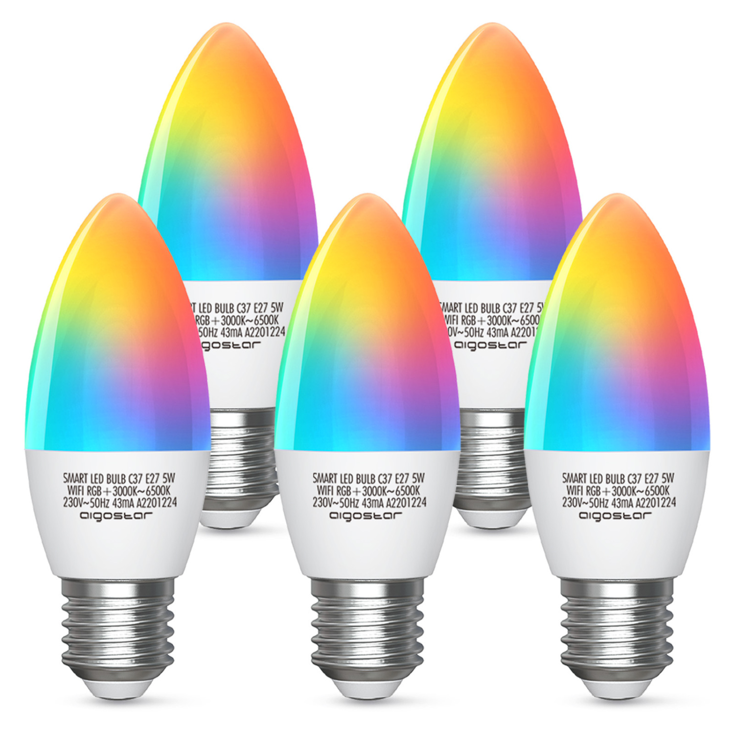 Aigostar Bombilla LED inteligente WiFi vela C37, 5W, E27 rosca gorda, RGB + CCT. Regulable multicolor + luz cálida o blanca 3000 a 6500K. Compatible Alexa y Google Home. Pack 5 uds
