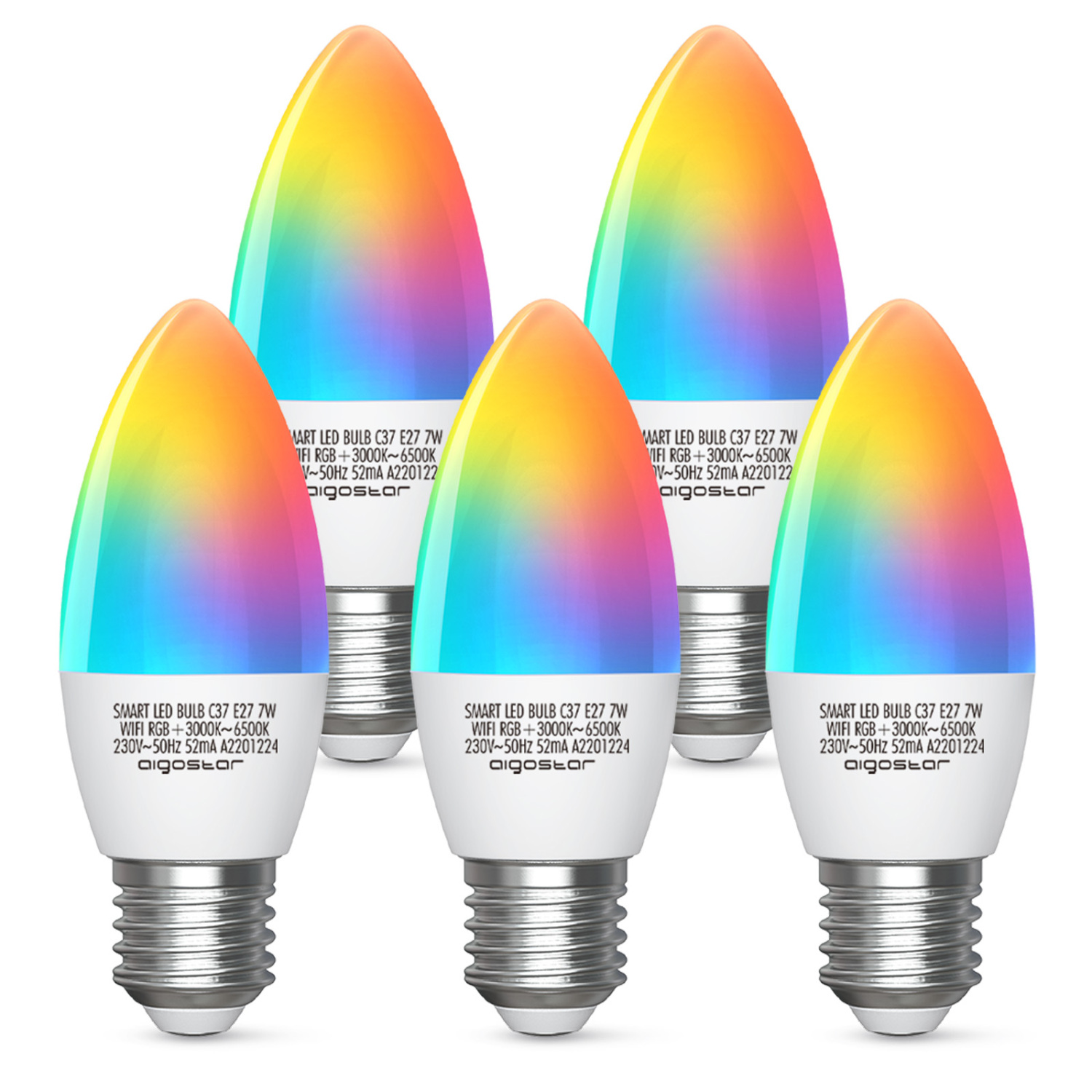 Aigostar Bombilla LED inteligente WiFi vela C37, 7W, E27 rosca gorda, RGB + CCT. Regulable multicolor + luz cálida o blanca 3000 a 6500K. Compatible Alexa y Google Home.Pack 5 uds