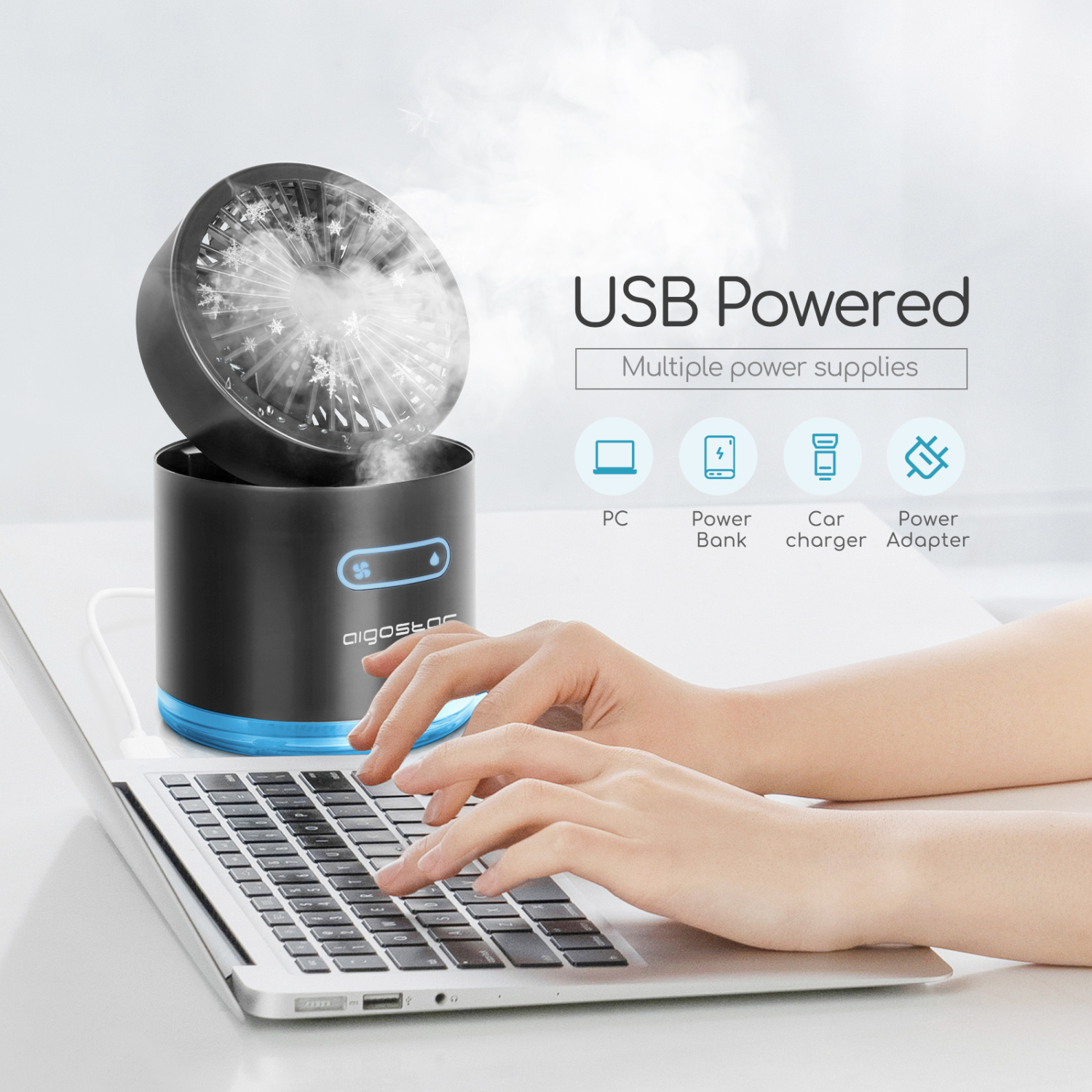 Aigostar Fairy - Mini Ventilador Nebulizador, Depósito 300ml con USB, 3 Velocidades, 7 Colores iluminación. 2 Modos de Pulverización. Ventilador mini humidificador, apagado automático, Negro