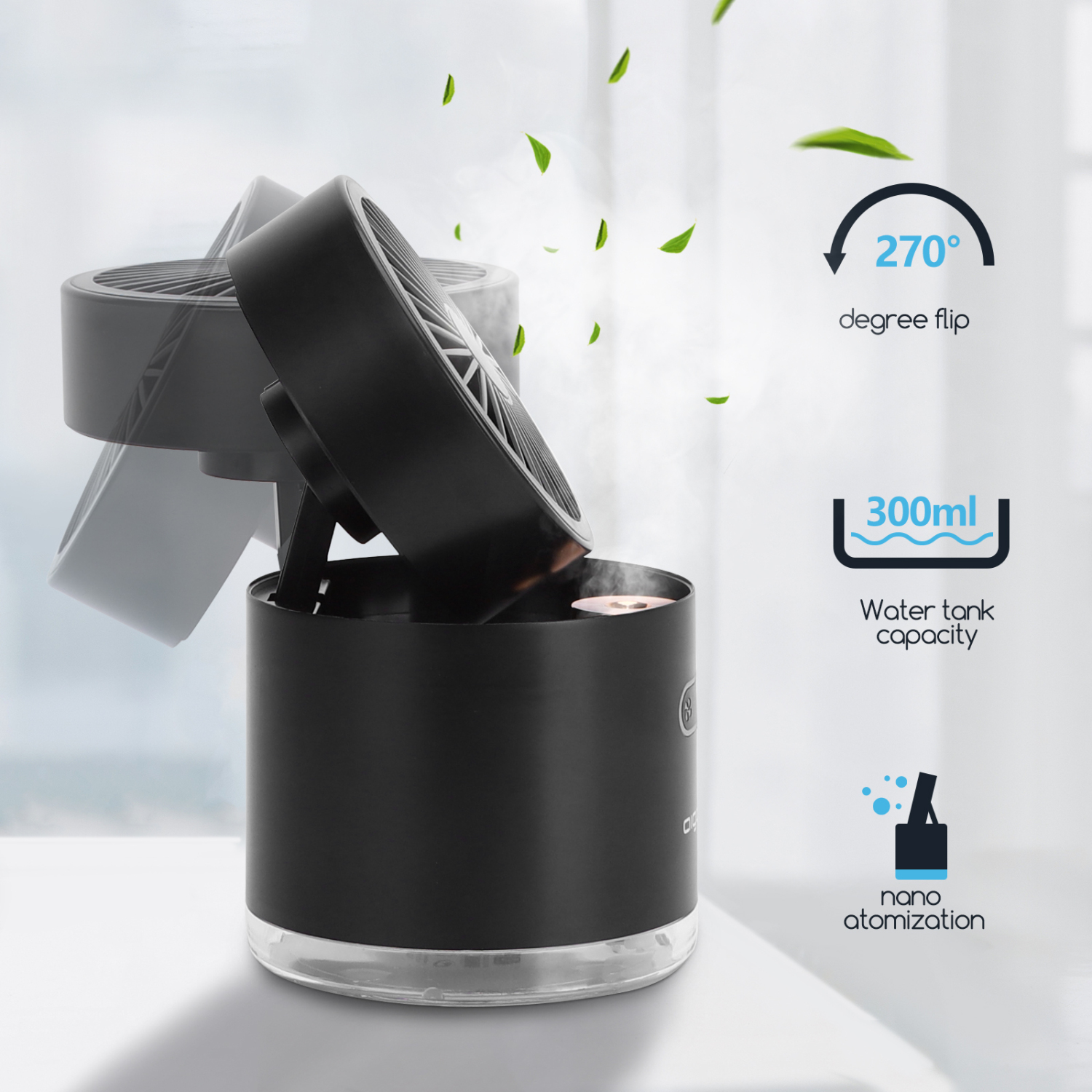 Aigostar Fairy - Mini Ventilador Nebulizador, Depósito 300ml con USB, 3 Velocidades, 7 Colores iluminación. 2 Modos de Pulverización. Ventilador mini humidificador, apagado automático, Negro